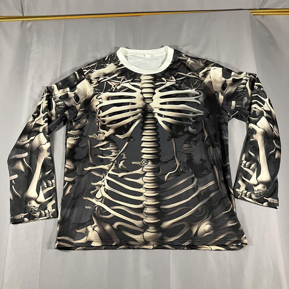 Skeleton Shirt Mens Large Black White Long‎ Sleeve Top Streetwear Costume